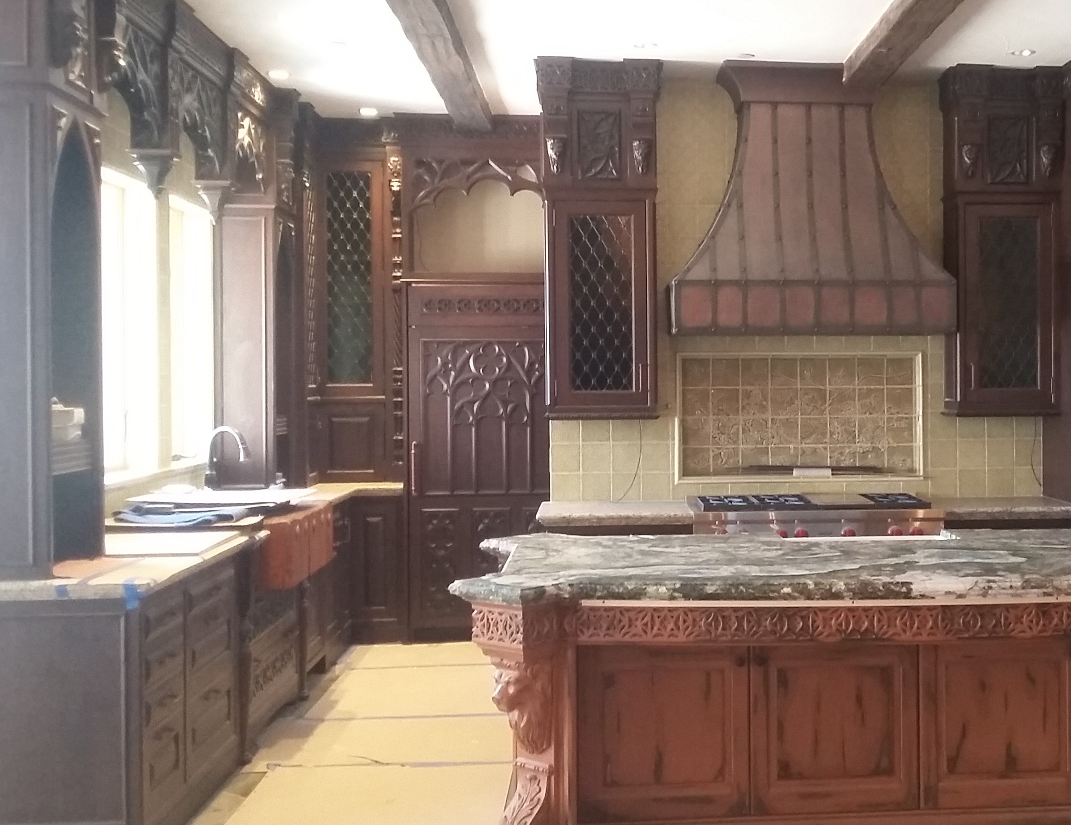 Custom, Old World Bronze Copper Hood with Straps & Rivets in Historic Kitchen