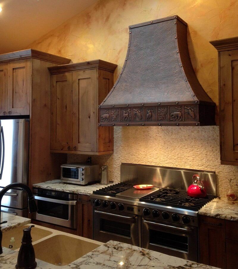 Rustic Style Copper Range Hood "New York" Rustic Apron Pattern