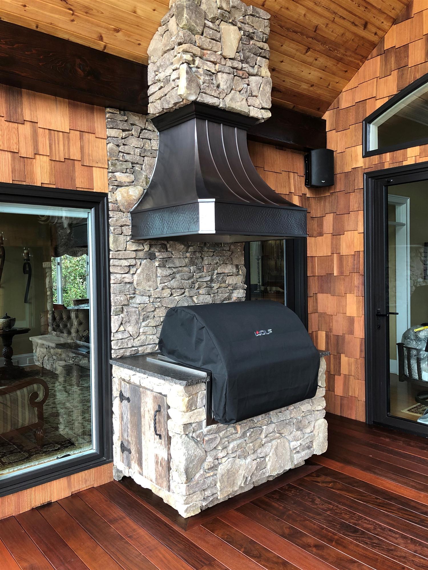 Custom Handcrafted Dark Copper Venetian Copper Hood on an Outdoor Grill